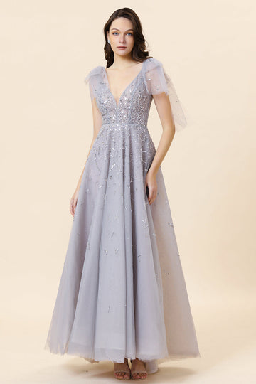 Robe de bal en tulle long tulle gris perlé scintillant